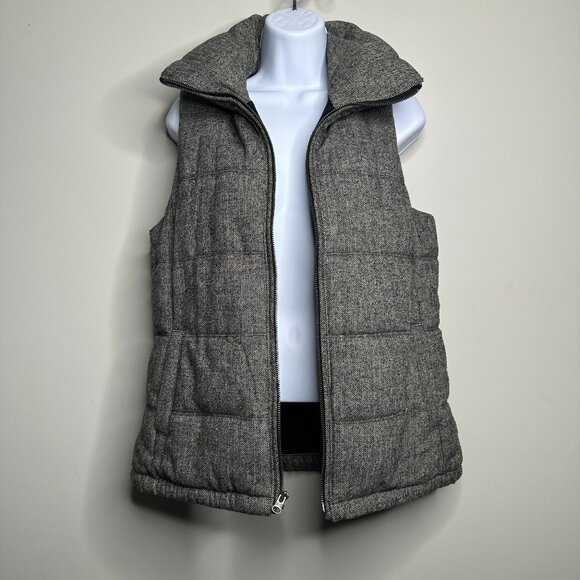 Old Navy Grey Twill Herringbone Wool Blend Puffer Full Zip Vest Women's Small - Picture 2 of 5